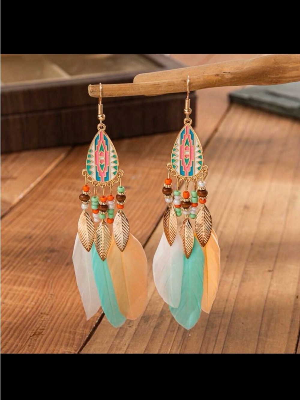 Bohemian Feather Drop Earrings - Turquoise & Peach